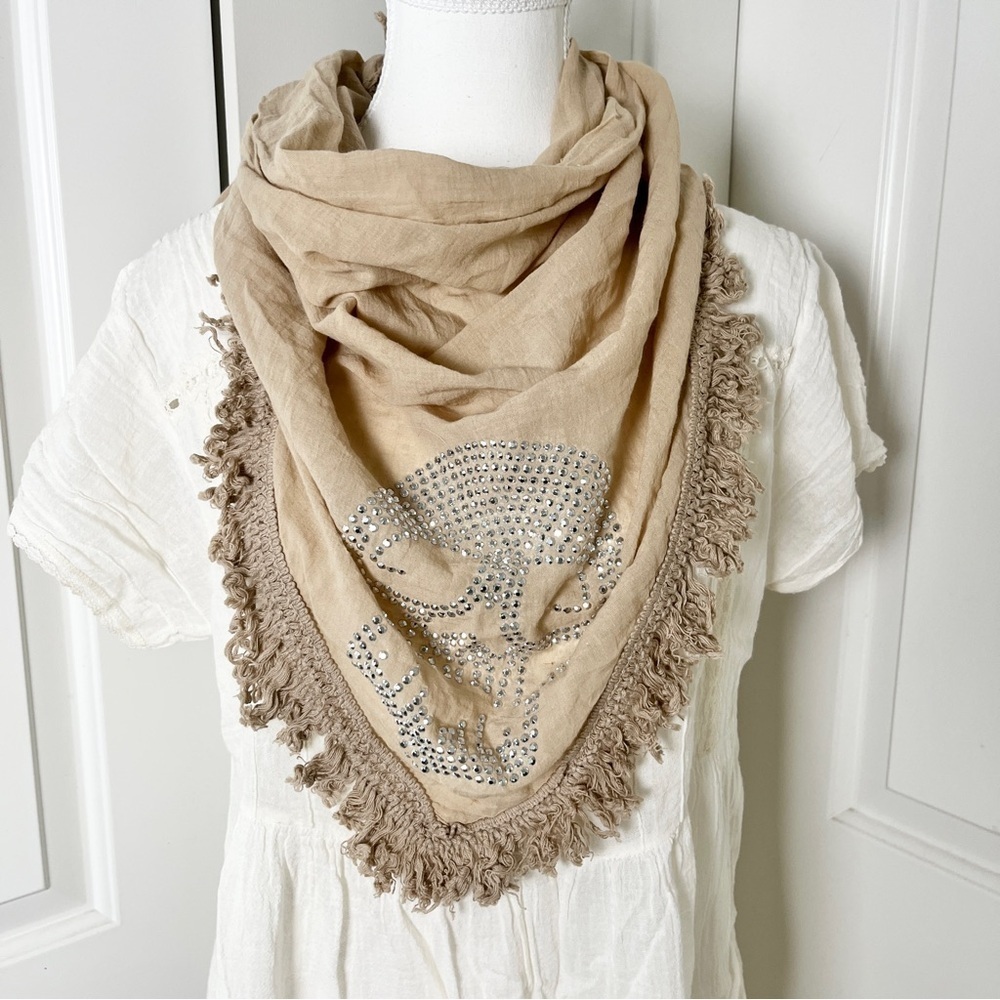 Glam Punk Skull Rhinestone Beige Fringed Cotton Scarf Shawl, Edgy Boho Goth Wrap